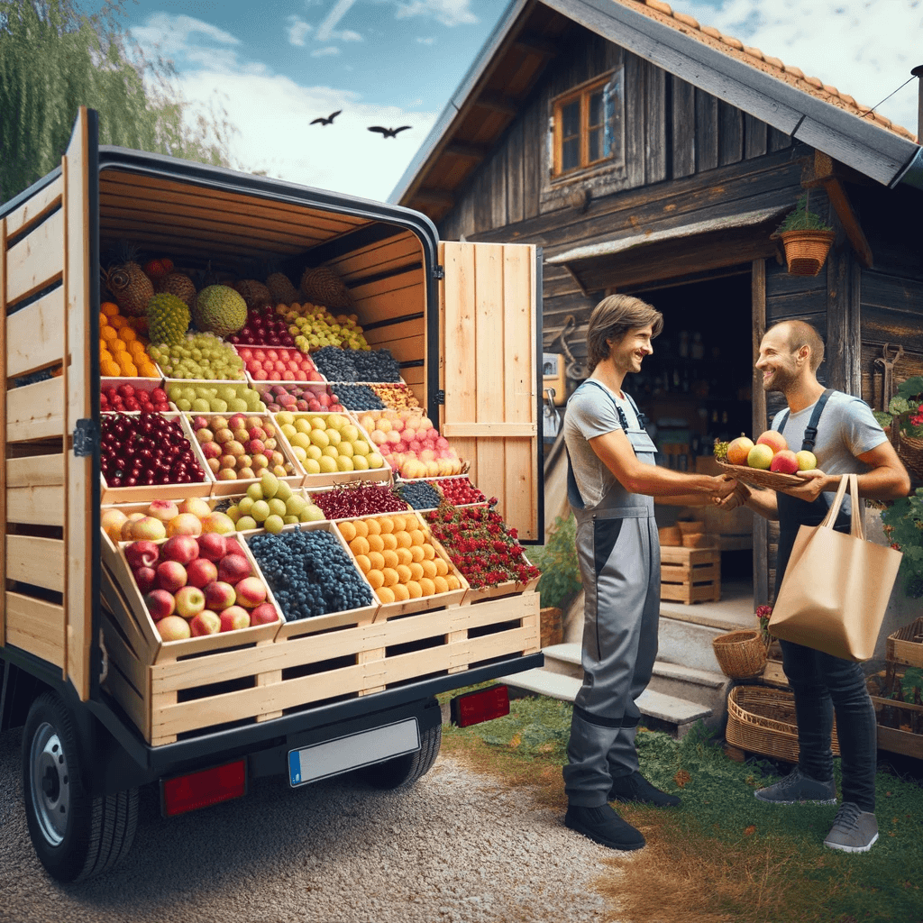 Moški prodaja sadje, naloženo v novem poslovnem vozilu. 